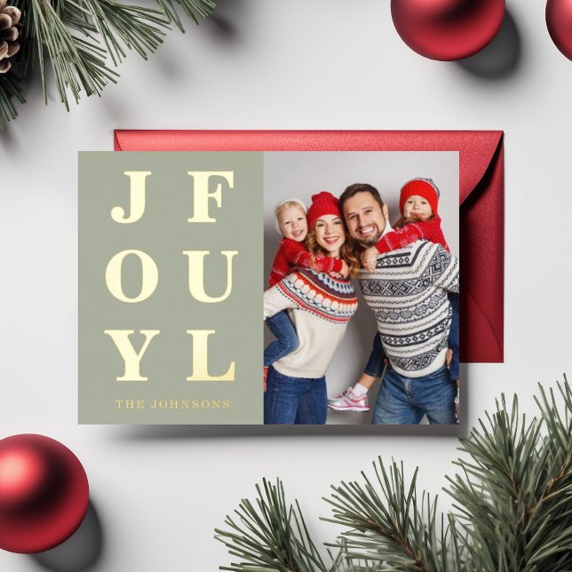 Joyful Minimal Photo Christmas Gold (Modern Blue Joyful Photo Christmas Holiday Card)