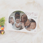 Joyful | Modern 2 Photo Christmas Holiday Card<br><div class="desc">Spread holiday cheer with this chic and elegant Christmas card! Featuring two round photos, the design gives your favourite family moments a modern twist. The smaller circle photo is artfully overlaid on the larger one, creating a balanced and stylish layout. The word “joyful” is printed in minimalist red typography in...</div>