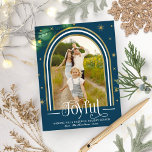Joyful Modern Arch Frame Family Photo Blue Holiday Postcard<br><div class="desc">Lovely arched-themed photo Christmas postcard. Easy to personalize with your details. Please get in touch with me via chat if you have questions about the artwork or need customization. PLEASE NOTE: For assistance on orders,  shipping,  product information,  etc.,  contact Zazzle Customer Care directly https://help.zazzle.com/hc/en-us/articles/221463567-How-Do-I-Contact-Zazzle-Customer-Support-.</div>