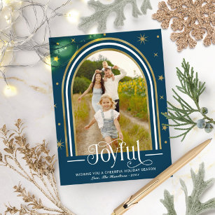 Joyful Modern Arch Frame Family Photo Blue Holiday Postcard