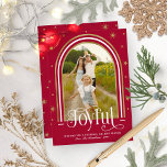 Joyful Modern Arch Frame Family Photo Red Holiday Card<br><div class="desc">Lovely arched-themed photo Christmas card. Easy to personalise with your details. Please get in touch with me via chat if you have questions about the artwork or need customisation. PLEASE NOTE: For assistance on orders,  shipping,  product information,  etc.,  contact Zazzle Customer Care directly https://help.zazzle.com/hc/en-us/articles/221463567-How-Do-I-Contact-Zazzle-Customer-Support-.</div>