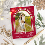Joyful Modern Arch Frame Family Photo Red Holiday Postcard<br><div class="desc">Lovely arched-themed photo Christmas postcard. Easy to personalise with your details. Please get in touch with me via chat if you have questions about the artwork or need customisation. PLEASE NOTE: For assistance on orders,  shipping,  product information,  etc.,  contact Zazzle Customer Care directly https://help.zazzle.com/hc/en-us/articles/221463567-How-Do-I-Contact-Zazzle-Customer-Support-.</div>