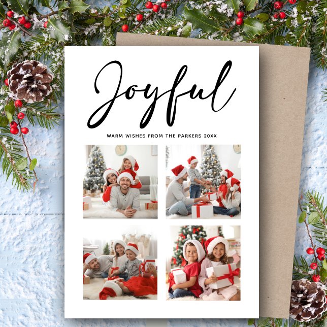 JOYFUL Modern Black Script Simple Photo Collage Holiday Card (Creator Uploaded)