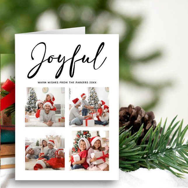 JOYFUL Modern Black Script Simple Photo Collage Holiday Card (Creator Uploaded)