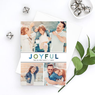 Joyful Modern Blue Green Lettering Photo Collage Holiday Card