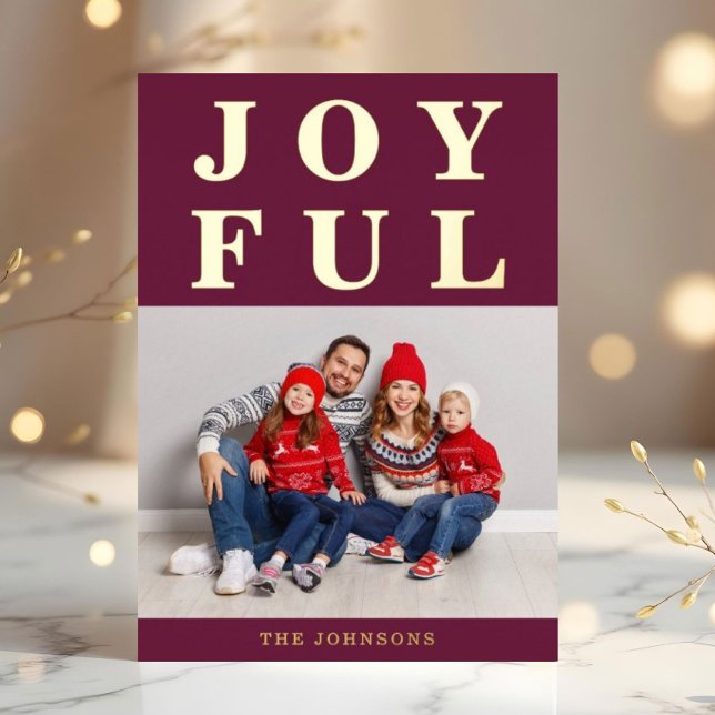 Joyful Modern Burgundy Photo Christmas Gold (Joyful Modern Burgundy Photo Christmas Gold Foil Holiday Card)