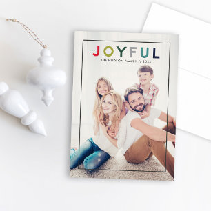 Joyful Modern Colourful Red Green Lettering Photo Holiday Card