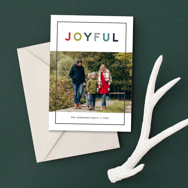 Joyful Modern Colourful Red Green Lettering Photo Holiday Card (Creator Uploaded)