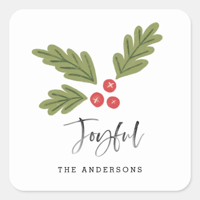 Joyful Modern Fun Holiday Berry Christmas Name Square Sticker (Front)