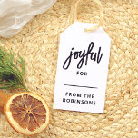 Joyful | Modern Lettering Custom Christmas Gift Tags<br><div class="desc">A fun and modern Christmas gift tag design with "joyful" in bold script lettering, followed by a space to write the recipient's name. Below, the family name is printed in simple capital letters. The back of the tag has a white hand-drawn star pattern against a festive red background. View the...</div>