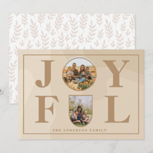 Joyful   Modern Minimalist Beige Arch Two Photo Holiday Card