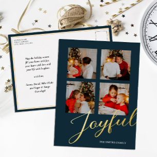 Joyful Modern Minimalist Blue Gold Script Photo Foil Holiday Postcard