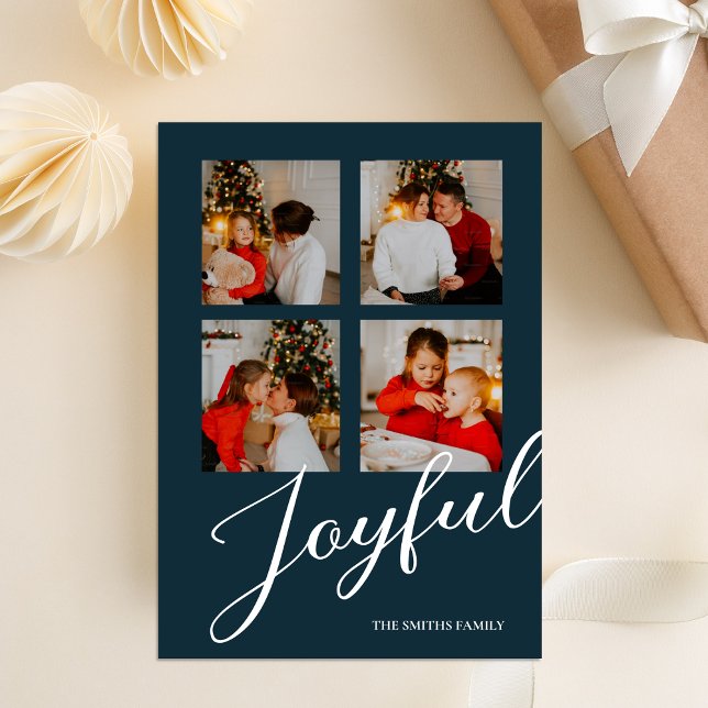 Joyful Modern Minimalist Blue Script 4 Photo Holiday Card (Creator Uploaded)