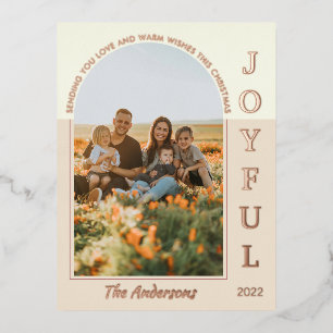 Joyful Modern Minimalist Boho Arch Photo Beige Foil Holiday Postcard