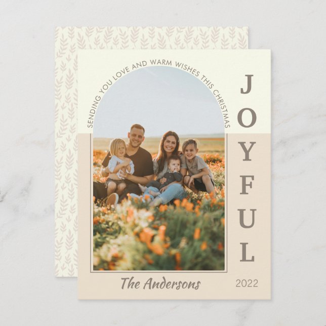 Joyful Modern Minimalist Boho Arch Photo Beige Holiday Card (Front/Back)