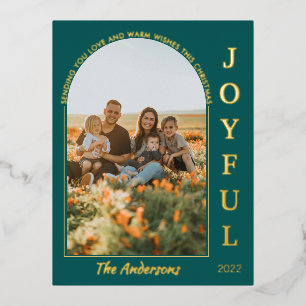 Joyful Modern Minimalist Elegant Arch Photo Green Foil Holiday Postcard