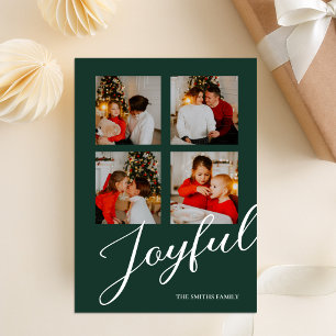 Joyful Modern Minimalist Green Script 4 Photo Holiday Card
