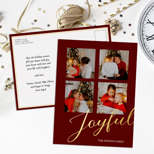 Joyful Modern Minimalist Red Gold Script Photo Foil Holiday Postcard (Creator Uploaded)