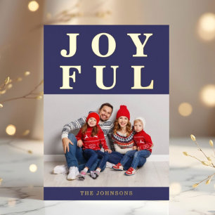 Joyful Modern Navy Blue Photo Christmas Gold