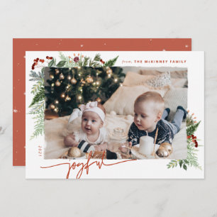 JOYFUL Modern Script Boho Greenery Terracotta Rust Holiday Card