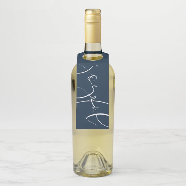 Joyful modern script Christmas holiday navy Bottle Tag (On Bottle)