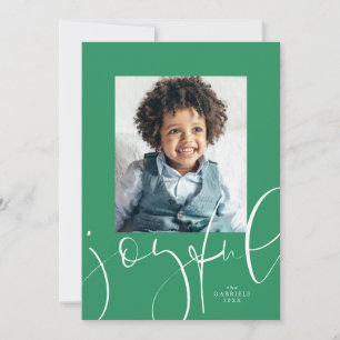 Joyful modern script one photo green Christmas Holiday Card