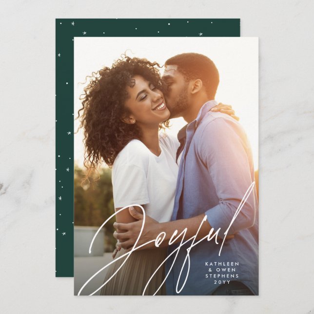 Joyful modern script one photo green Christmas Holiday Card (Front/Back)