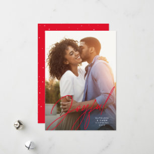 Joyful modern script one photo red Christmas Holiday Card