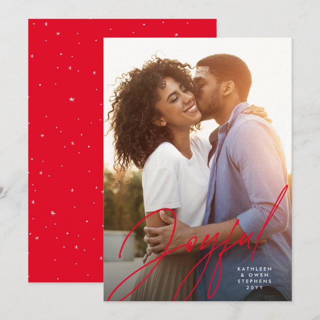 Joyful modern script one photo red Christmas Holiday Card (Front/Back)