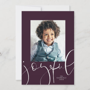 Joyful modern script plum one photo Christmas Holiday Card