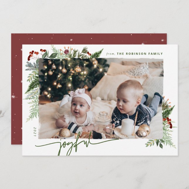 JOYFUL Modern Script Red Green Boho Greenery Photo Holiday Card (Front/Back)