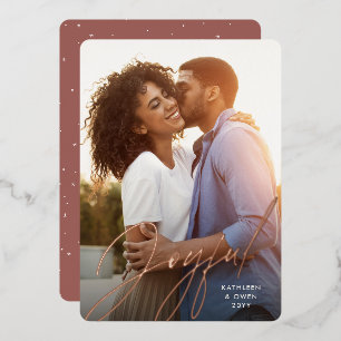Joyful modern script rose gold Christmas photo