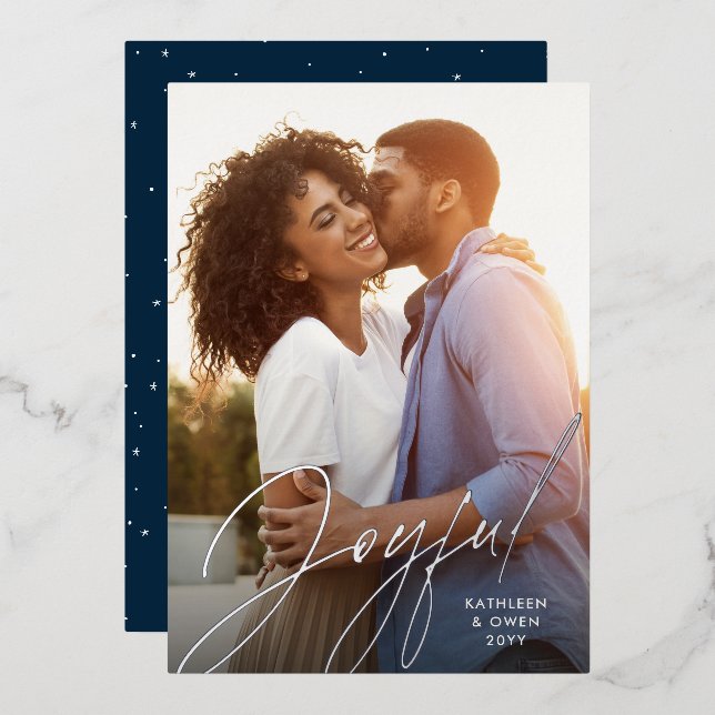 Joyful modern script silver navy Christmas photo (Front/Back)