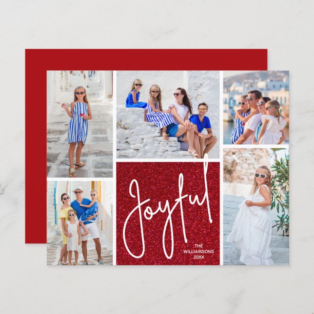 JOYFUL Multi Photo Budget Red Holiday Cards (Front/Back)