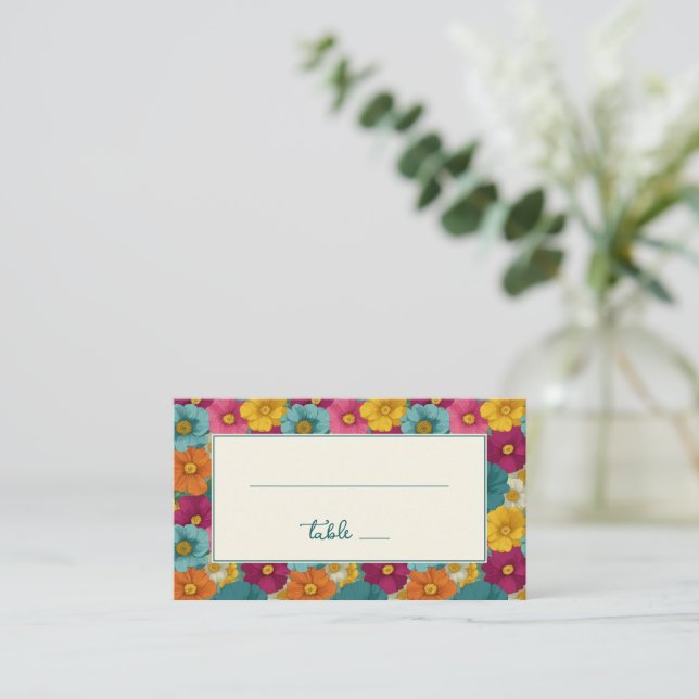 Joyful Multicolor Floral Border Place Card (Standing Front)