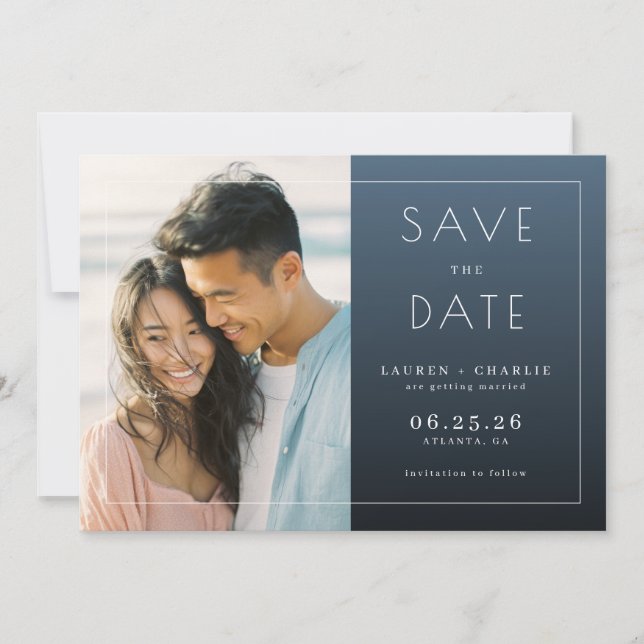 Joyful Navy Minimalist Photo Save The Date (Front)