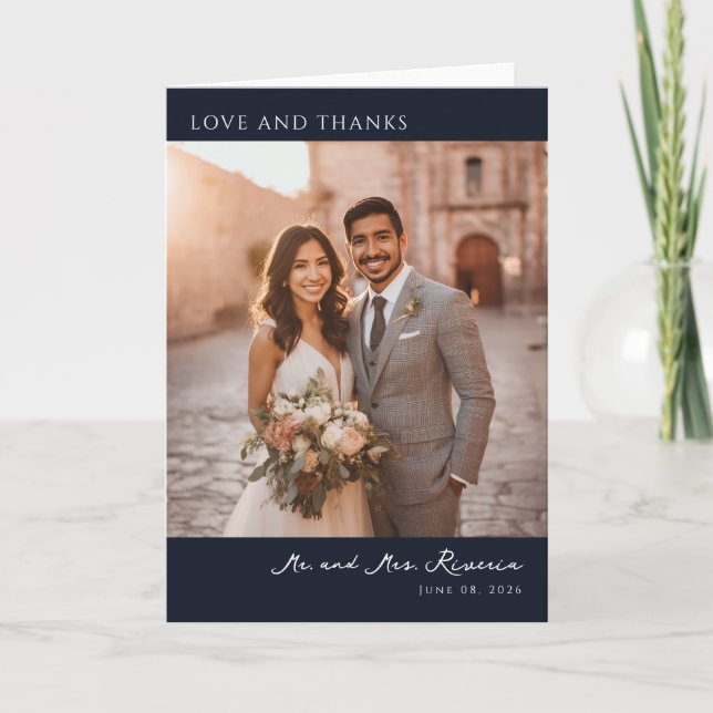 Joyful Navy Romantic Photo Thank You Card (Front)