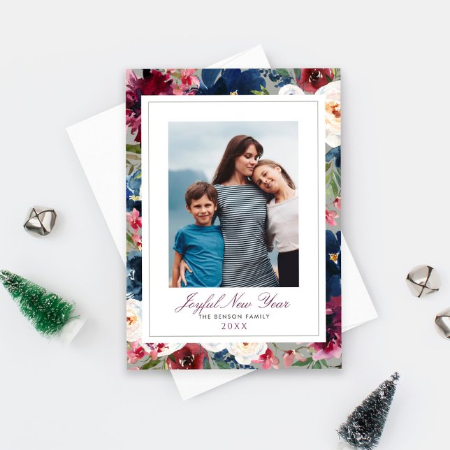 Joyful New Year Burgundy and Navy Floral Photo Holiday Card (Creator Uploaded)