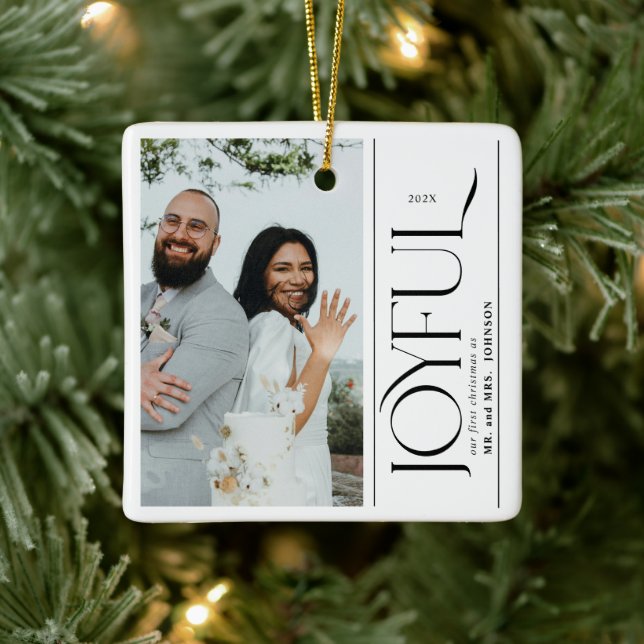 Joyful Newlywed Photo First Christmas Married Ceramic Ornament (Tree)