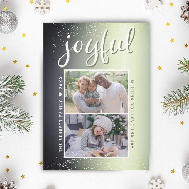 Joyful Olive Green Christmas 2 Photo Collage Holiday Card (Creator Uploaded)