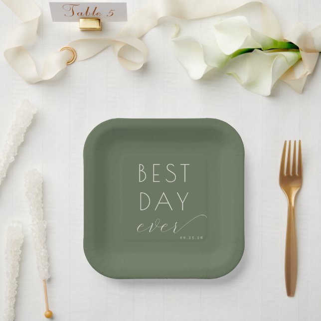 Joyful Olive Green Typographic Wedding Plates (Wedding)