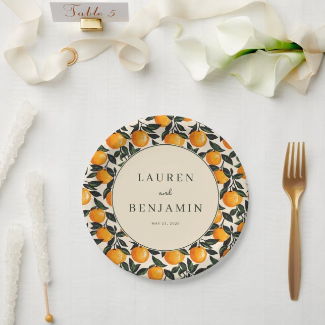 Joyful Orange Leafy Fruit Circle Paper Plate (Wedding)