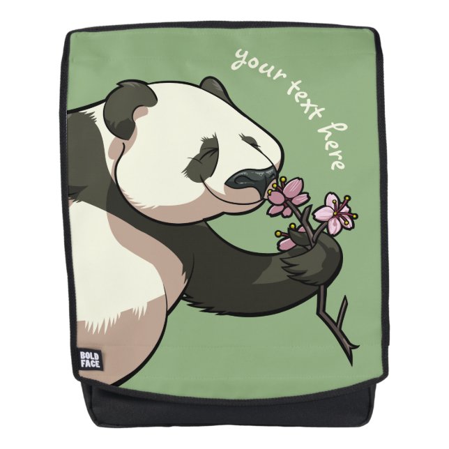Joyful Panda Sniffs Pink Blossom Flowers With Text Backpack (Front)
