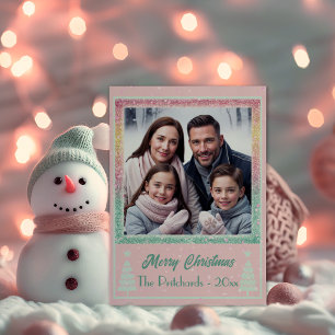 Joyful Pastel Pink Glitter Photo Flat Holiday Card