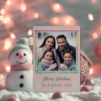 Joyful Pastel Pink Glitter Photo Flat Holiday Card