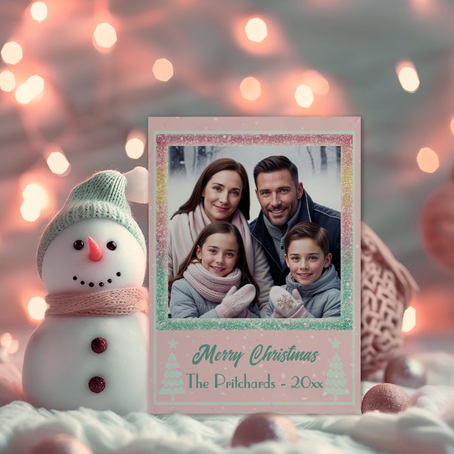 Joyful Pastel Pink Glitter Photo Flat Holiday Card (Creator Uploaded)