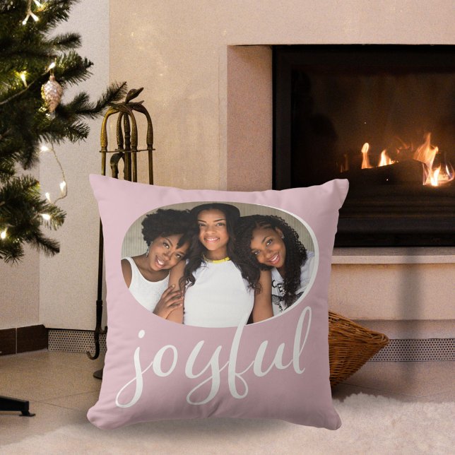 Joyful Pastel Pink Script Christmas Holiday Photo Cushion (Creator Uploaded)
