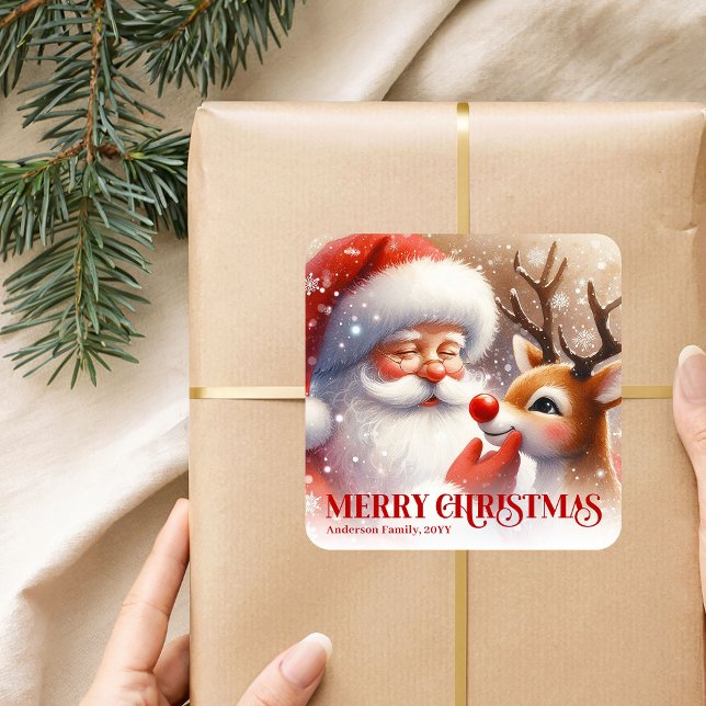 Joyful Personalized Santa and Rudolph Christmas   Square Sticker (Joyful Personalized Santa and Rudolph Christmas Sticker)