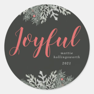 Joyful Photo Christmas Winter Floral Red Holiday Classic Round Sticker