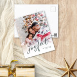 Joyful Photo Overlay Calligraphy Christmas White Holiday Postcard<br><div class="desc">Joyful Family Photo Overlay Calligraphy Christmas White. Simply replace the sample photo with your own and personalise with your names and year. Joyful is in a stylish playful set script in dark green which can be changed to another colour if you so wish.</div>